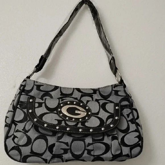 Guess Black and Gray Signature Canvas Shoulder Bag with Studded Flap - Picture 1 of 10